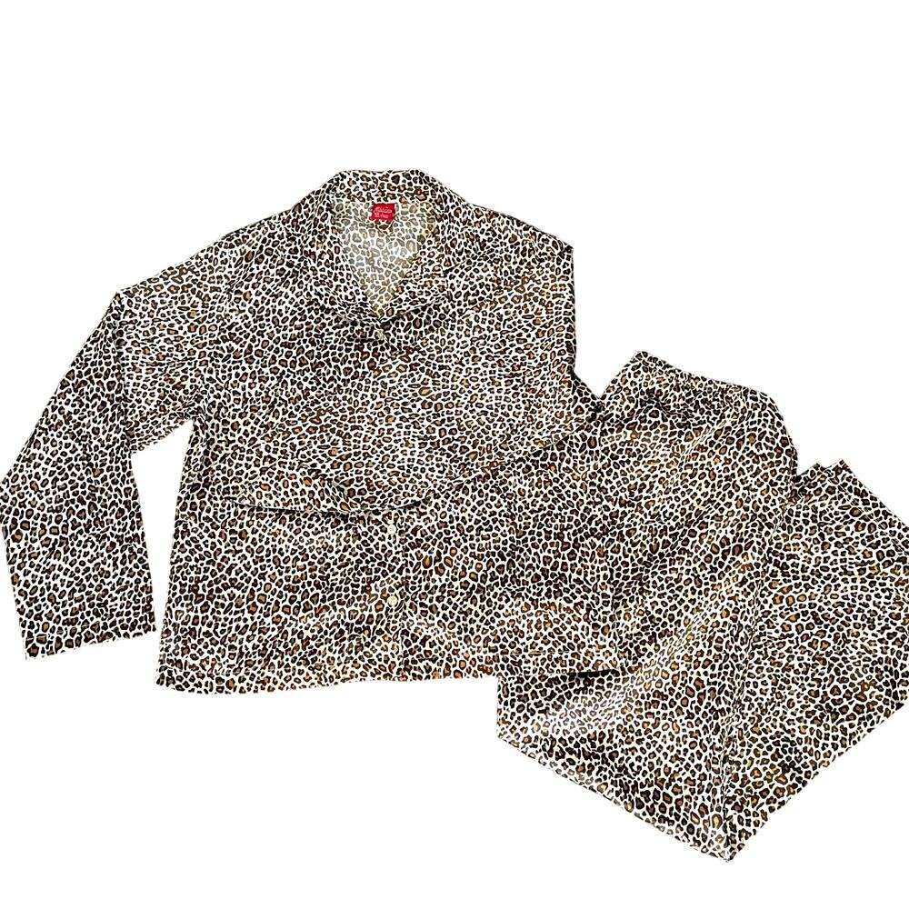 Austin Clothing Co Satin Pajama Set Leopard Print Long Sleeves & Pants Sz LARGE